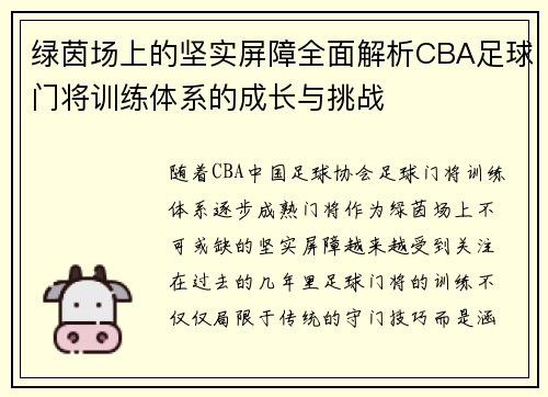 绿茵场上的坚实屏障全面解析CBA足球门将训练体系的成长与挑战